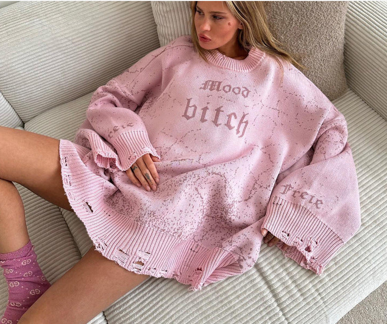 Women's Loose Letter Embroidery Personalized Tatted Woolen Long Sweaters