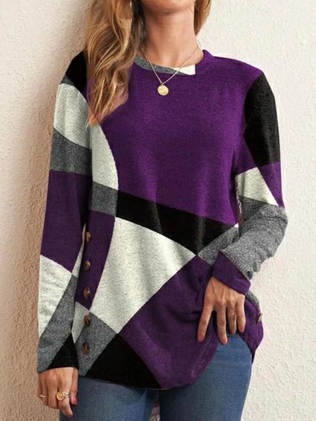 Women's Cashmere Printing Color Long-sleeved T-shirt Blouses