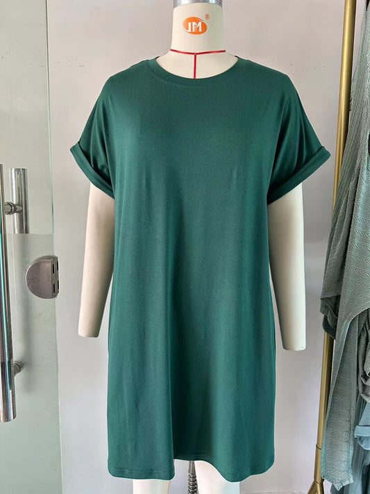 Solid Color Round Neck Pocket Loose Dresses