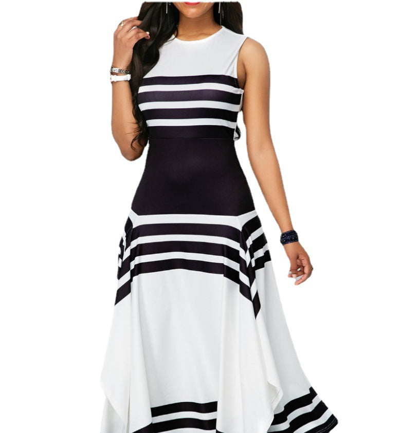 Fashion Round Neck Sleeveless Striped Printed Elegant Stitching Dresses