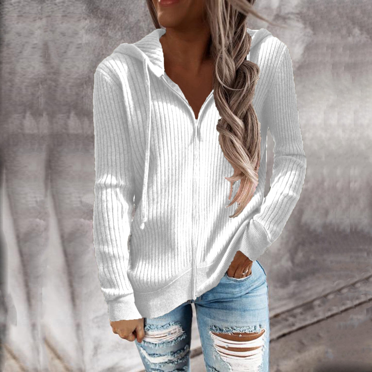 Women's Striped Casual Loose Zipper Long Sleeve Hooded Sweaters