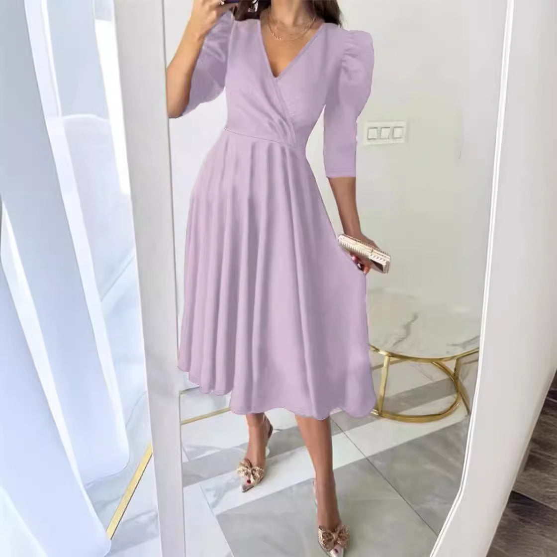 Women's Color Pleated Waist Tight Sleeve Swing Dresses