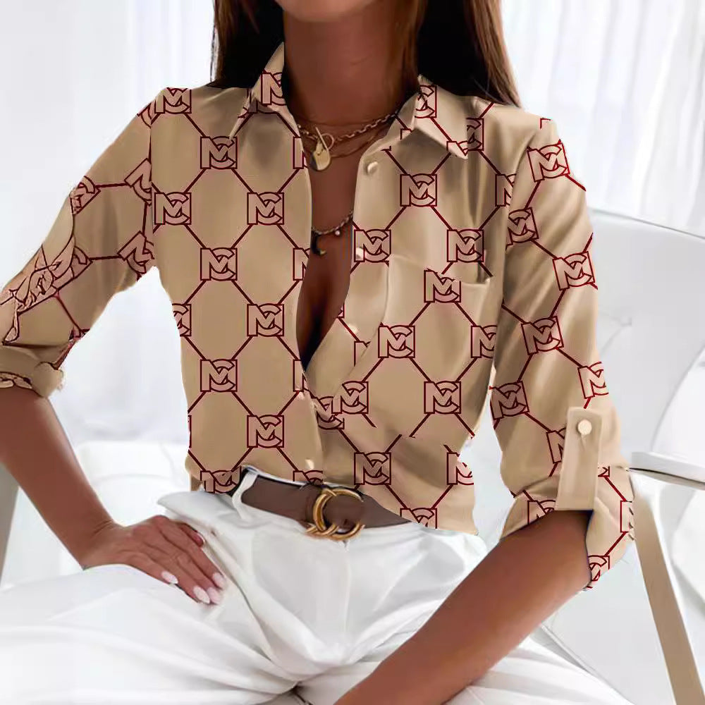 Women's Slouchy Long Sleeve Shirt Printed Blouses