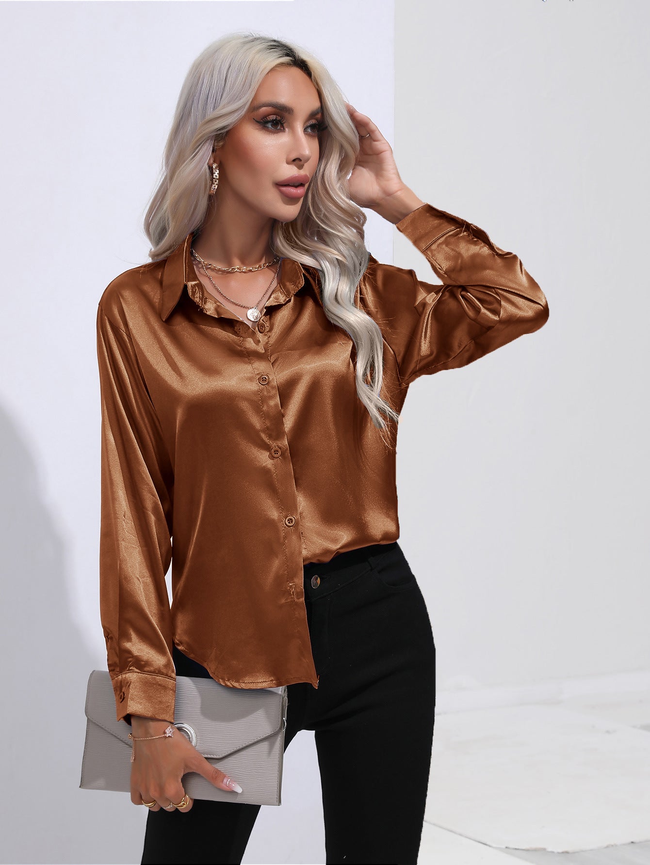 Women's Attractive Pretty Satin Shirt Long-sleeved Blouses