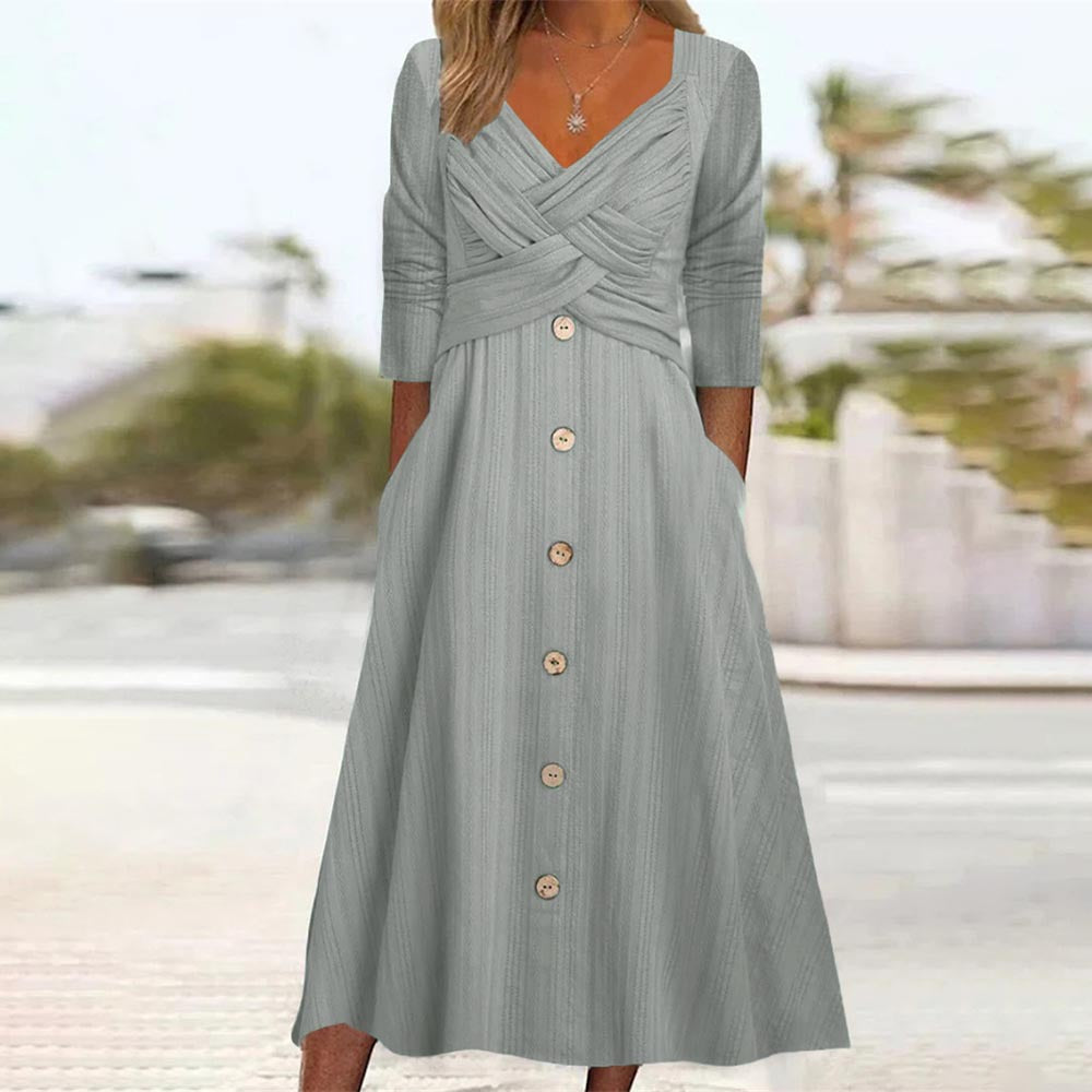 Women's Solid Color Long Sleeve Cross Button Dresses