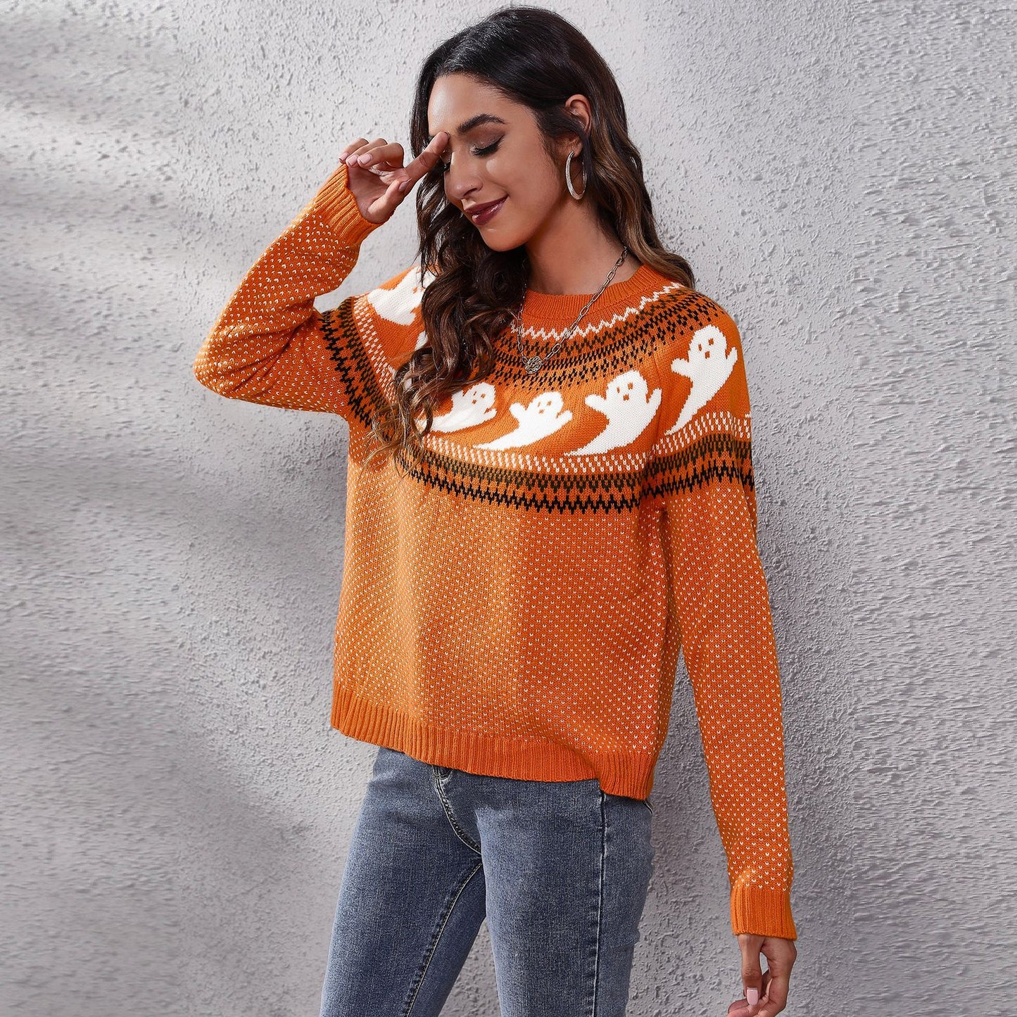 Women's Halloween Ghost Retro Dots Long-sleeved Knitted Sweaters