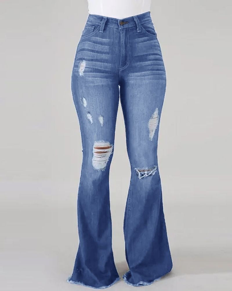 Unique High Elastic Ripped Waist Flared Pants