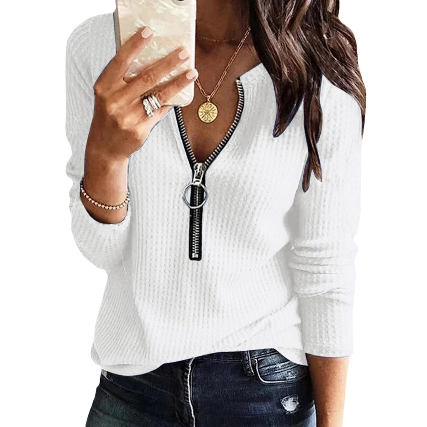 Women's Super Waffle Knitted Zipper Large T-shirt Blouses