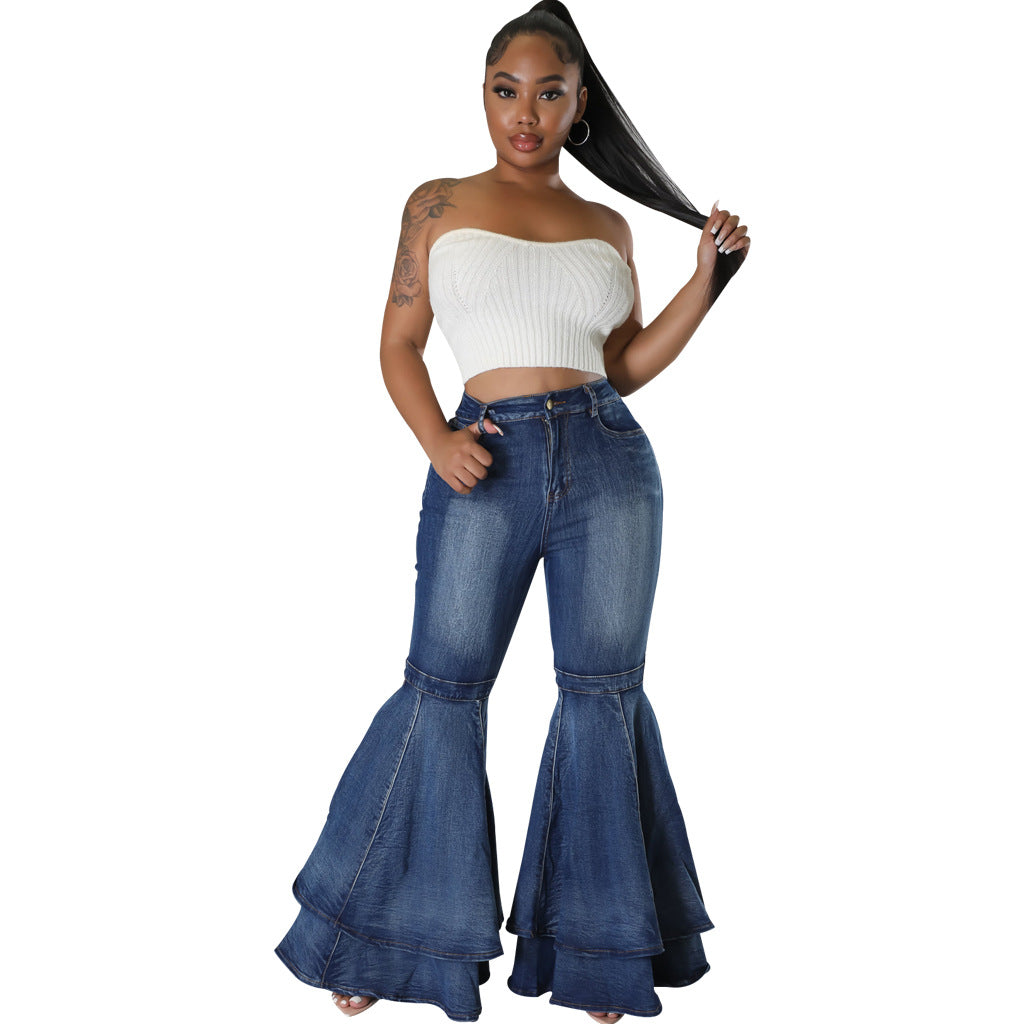 Fashionable All-match Wide-leg Washed Stretch Flared Jeans