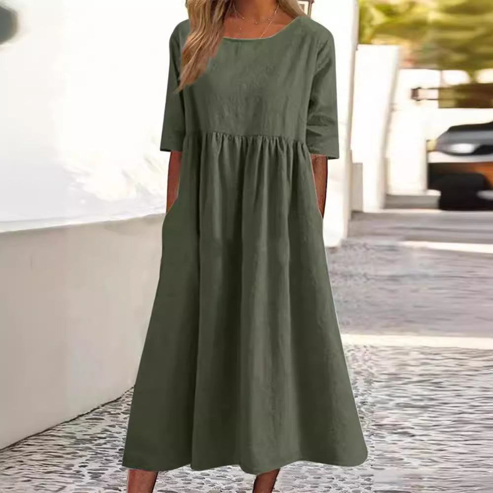 Sleeve Large Casual Loose Long Solid Color Cotton Dresses