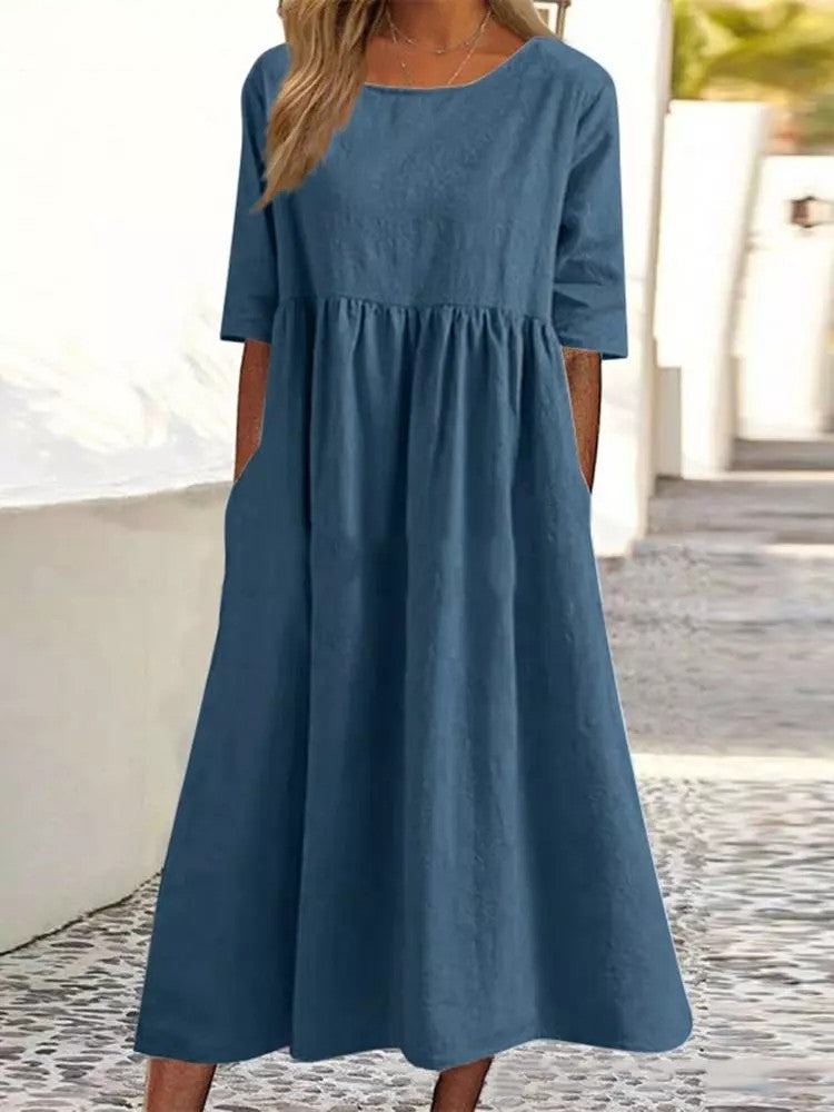 Sleeve Large Casual Loose Long Solid Color Cotton Dresses