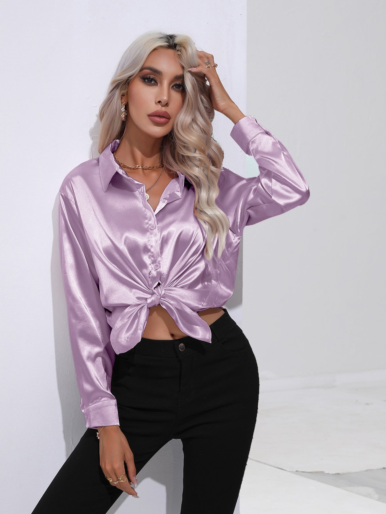 Women's Attractive Pretty Satin Shirt Long-sleeved Blouses