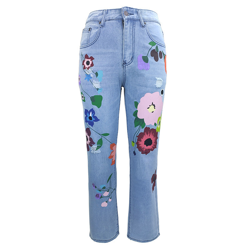 Women's Straight-leg Fashion Printed Denim Trousers Jeans