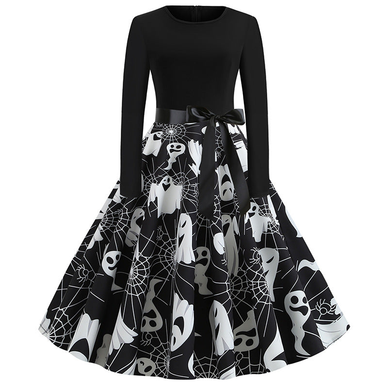 Hepburn Retro Halloween Printed Patchwork Long Dresses