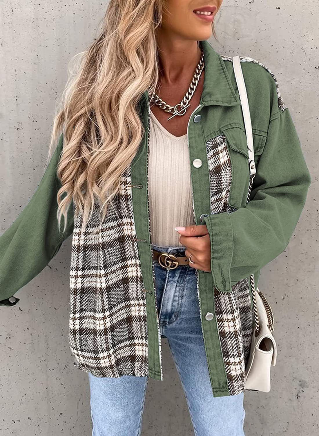 Denim Long Sleeve Plaid Button-down Shirt Tops