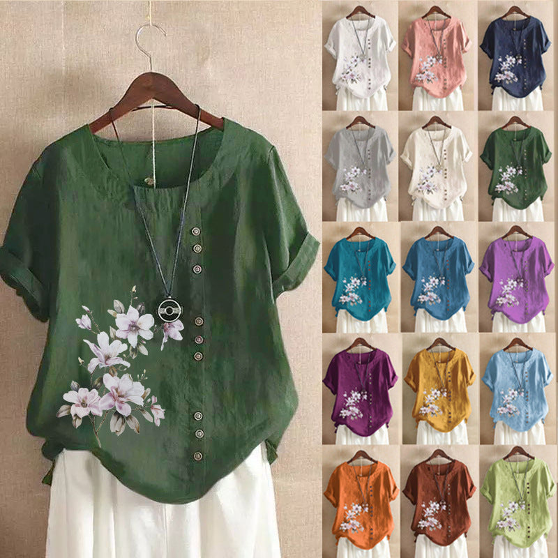 Women's Cotton Linen Retro Casual Loose Short-sleeved Blouses