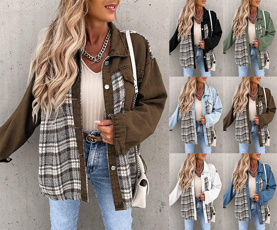 Denim Long Sleeve Plaid Button-down Shirt Tops