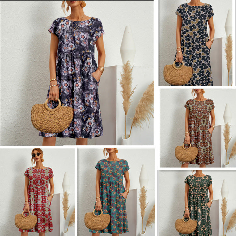 Women's And Linen Sleeveless Round Neck Printed Dresses