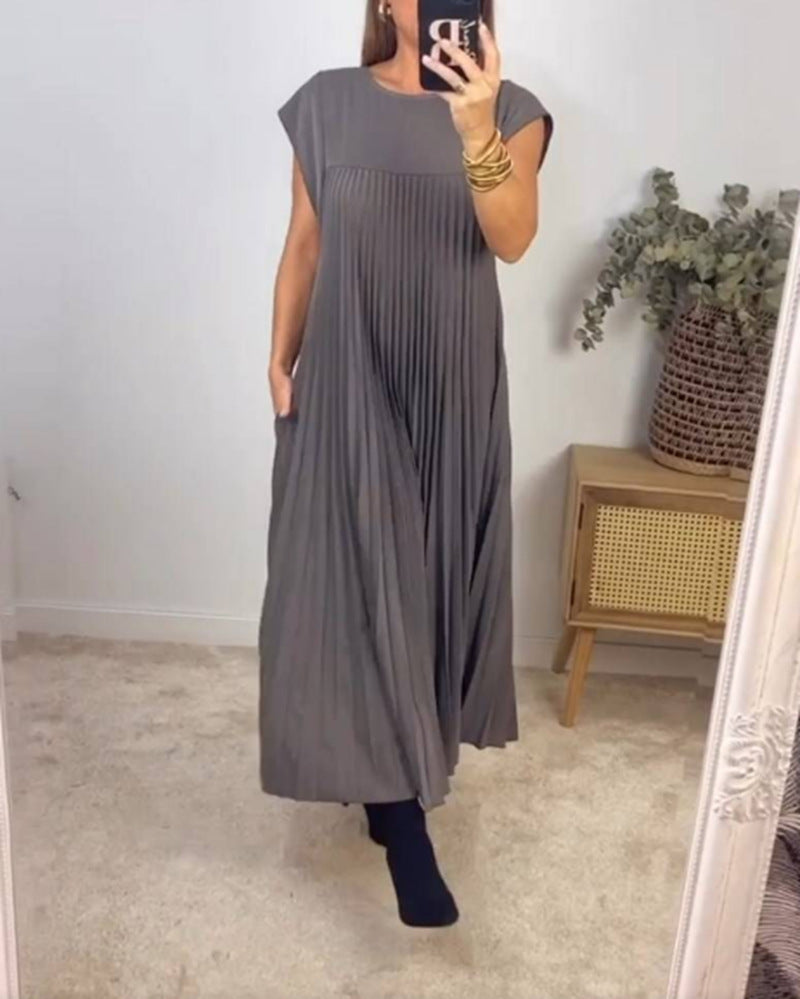 Women's Fashion Round Neck Sleeveless Pleated Dress Dresses