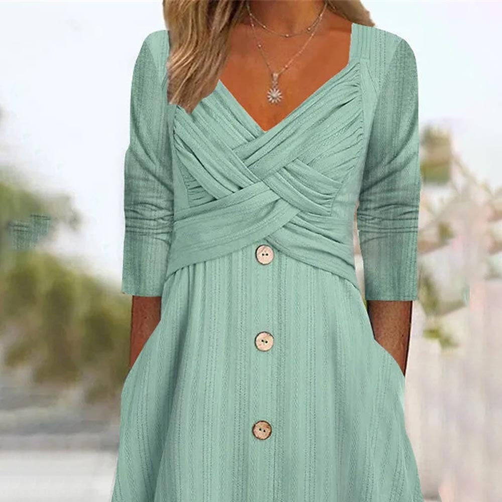 Women's Solid Color Long Sleeve Cross Button Dresses