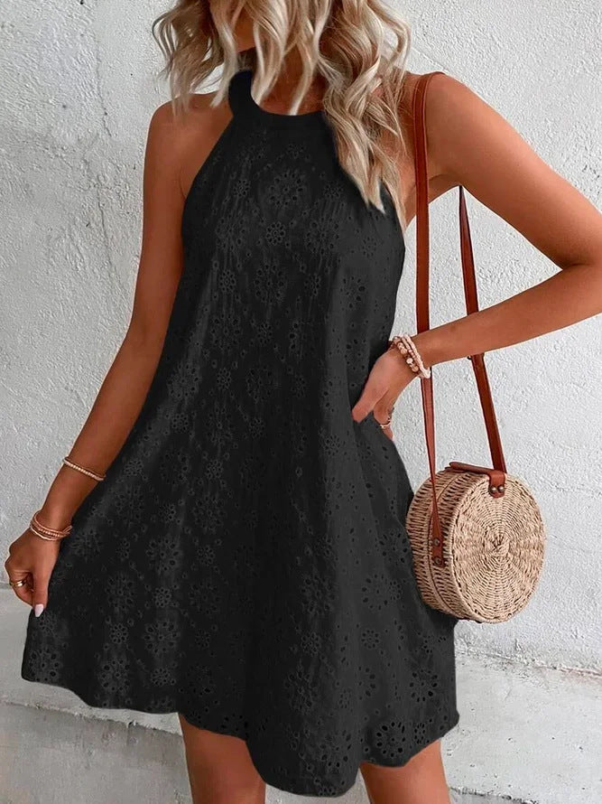 Women's Lace Solid Color Sleeveless Button Halter Dresses