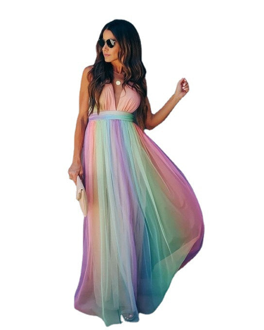 Women's Sexy Suspenders Deep V Rainbow Mesh Dresses