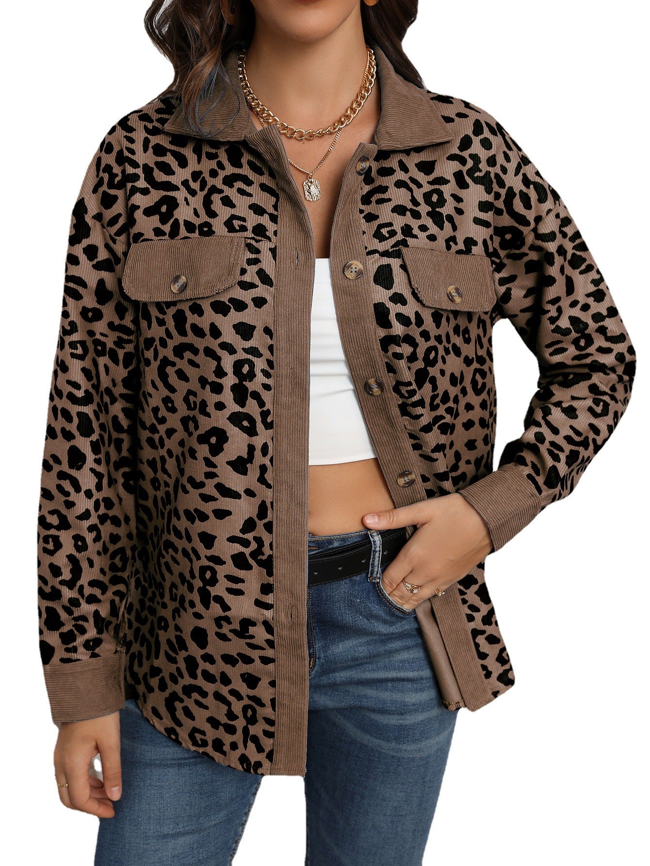 Women's Fashion Leopard Print Corduroy Button Long Jackets