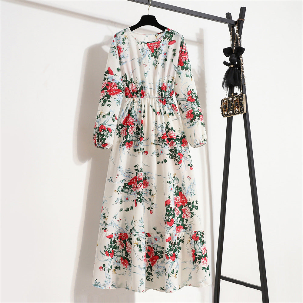 Women's High Waist Long Retro Chiffon Printed Floral Round Neck Dresses