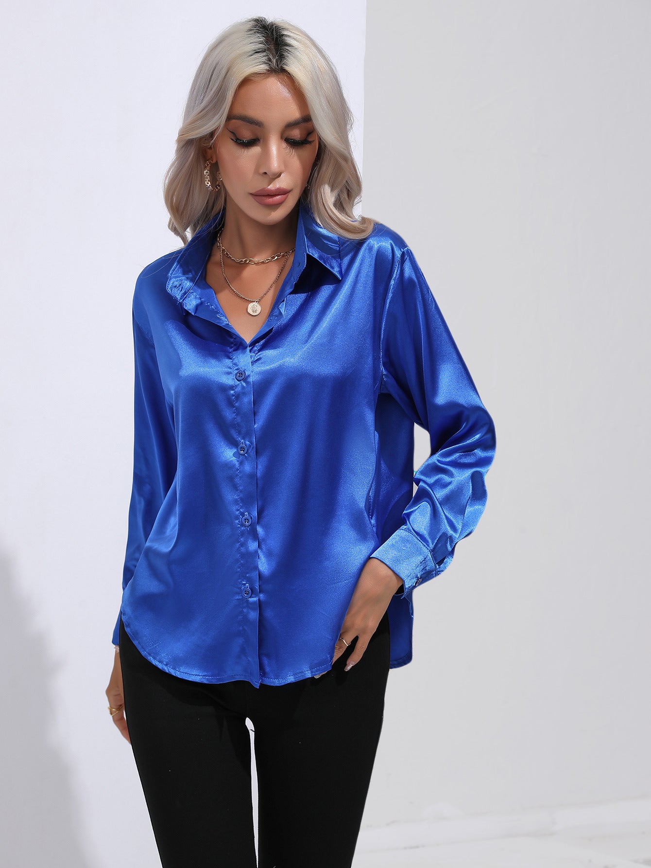 Women's Attractive Pretty Satin Shirt Long-sleeved Blouses