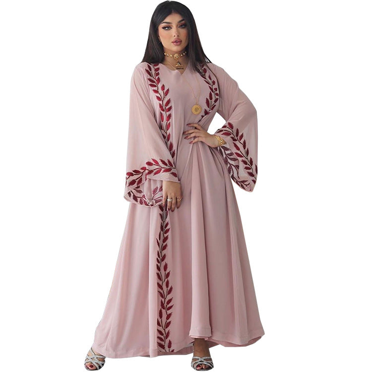 Fashion Street Summer Chiffon Long Muslim Embroidered Pink Round-collar Clothing