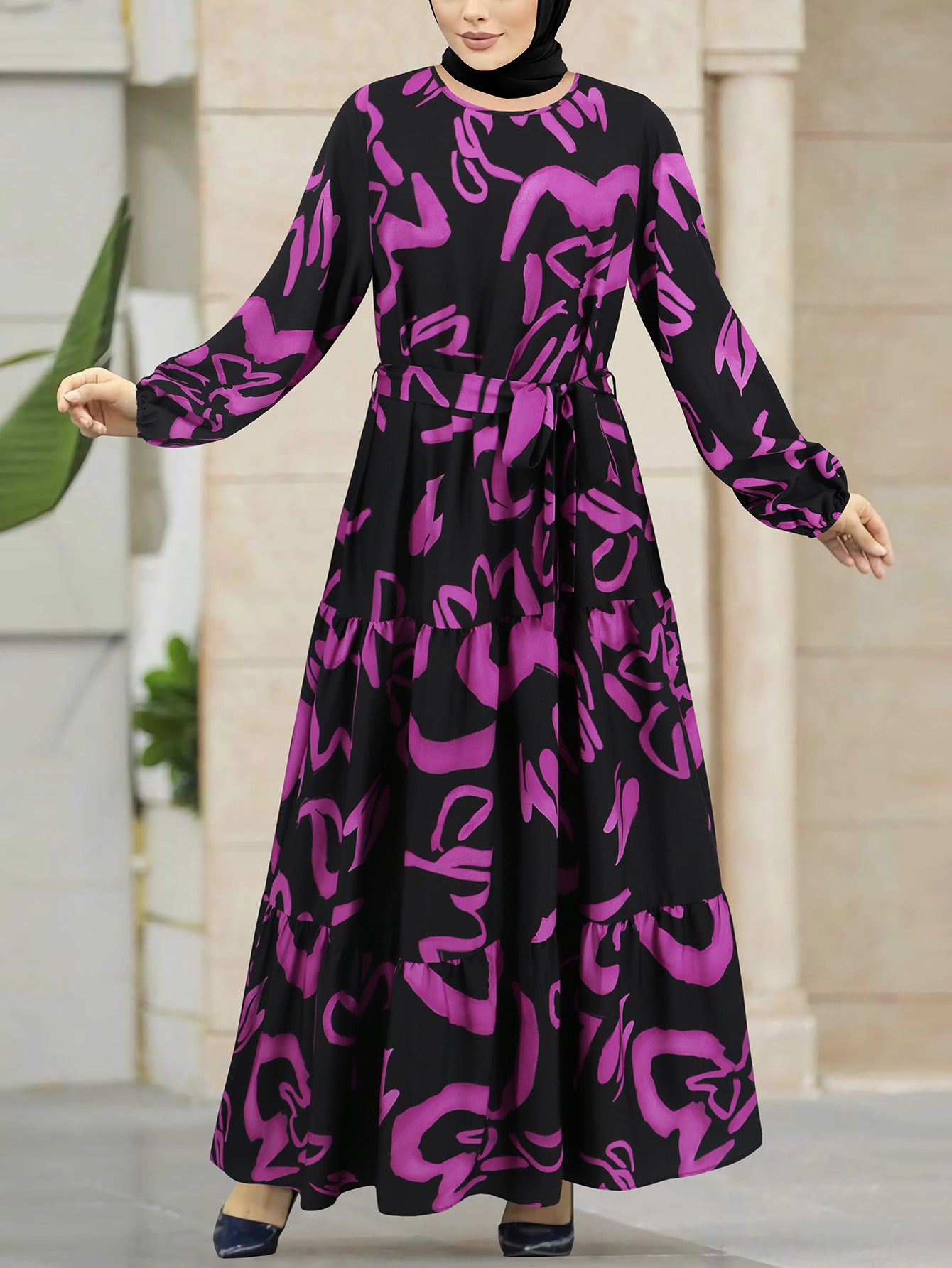 Women's Vintage Floral Print Long Sleeves Robe Dresses