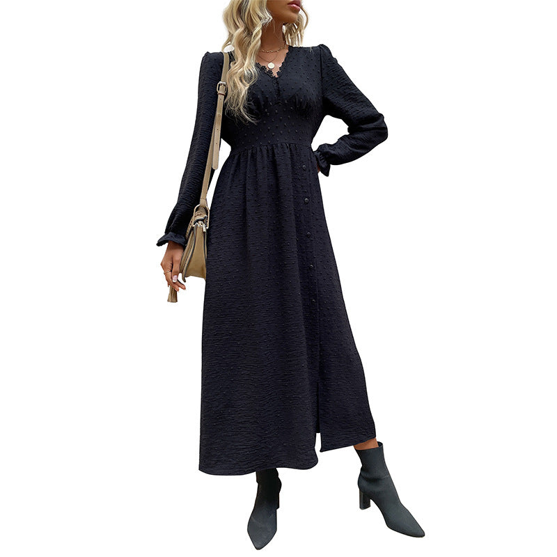 Women's Autumn Long Sleeve Black Dress Split Dresses