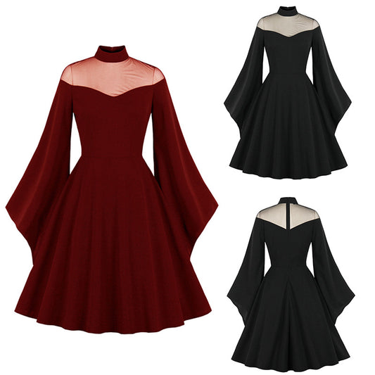 Halloween Black Mesh Flared Sleeves Patchwork Retro Dresses