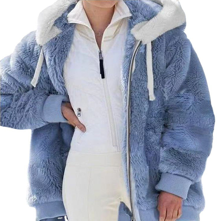 Women's Loose Plush Zipper Hooded Furry Coats