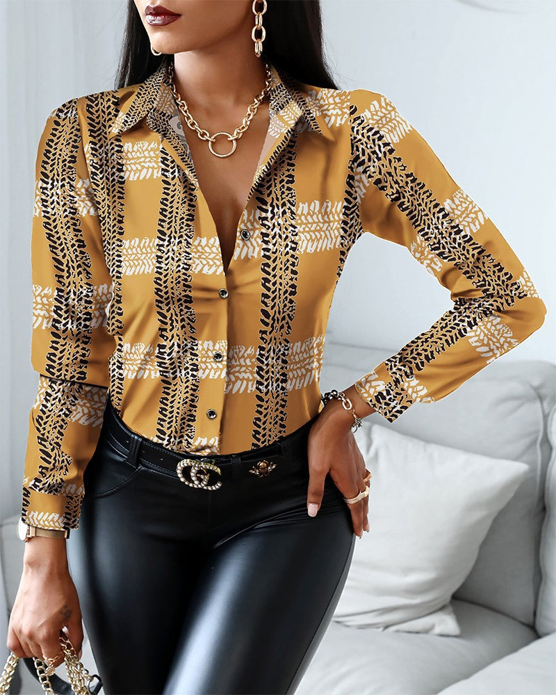 Long Sleeve V-neck Color-block Retro Shirt Blouses