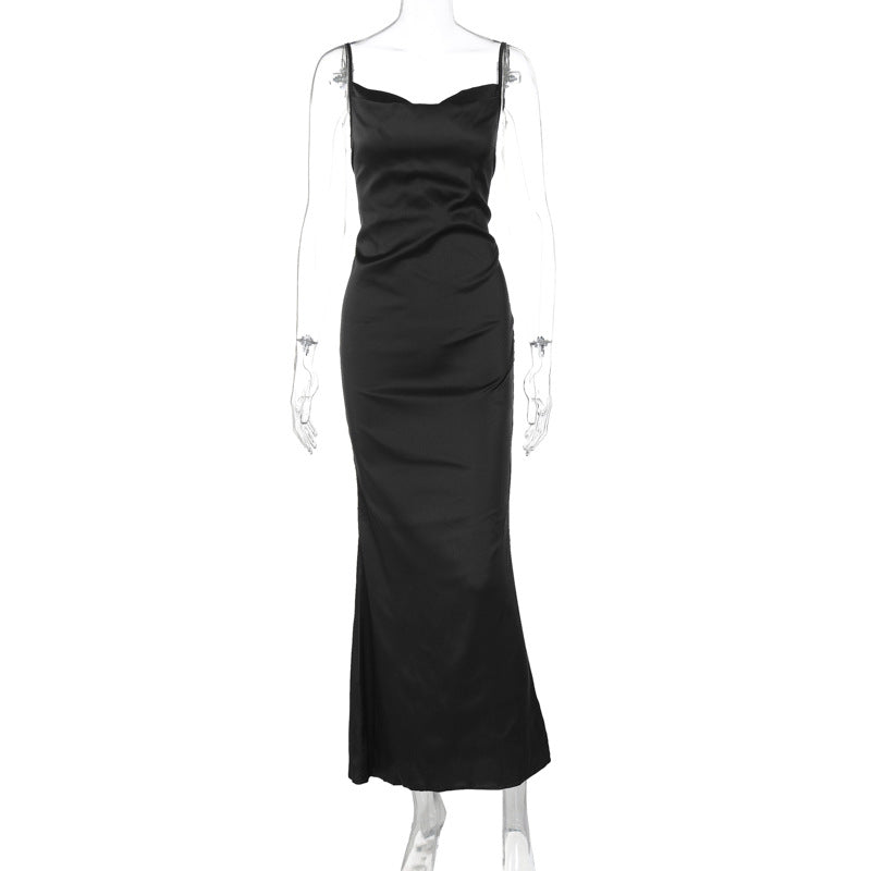 Women's Color Stitching Tied Tie Waist Long Slim Dresses