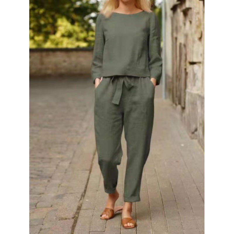 Women's Linen Fashion Solid Color Casual Two-piece Simple Suits