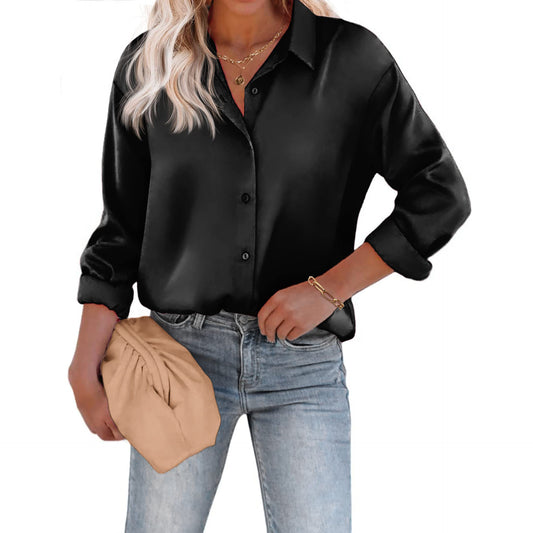 Women's Satin Silk Button-down Shirt Casual Loose Blouses