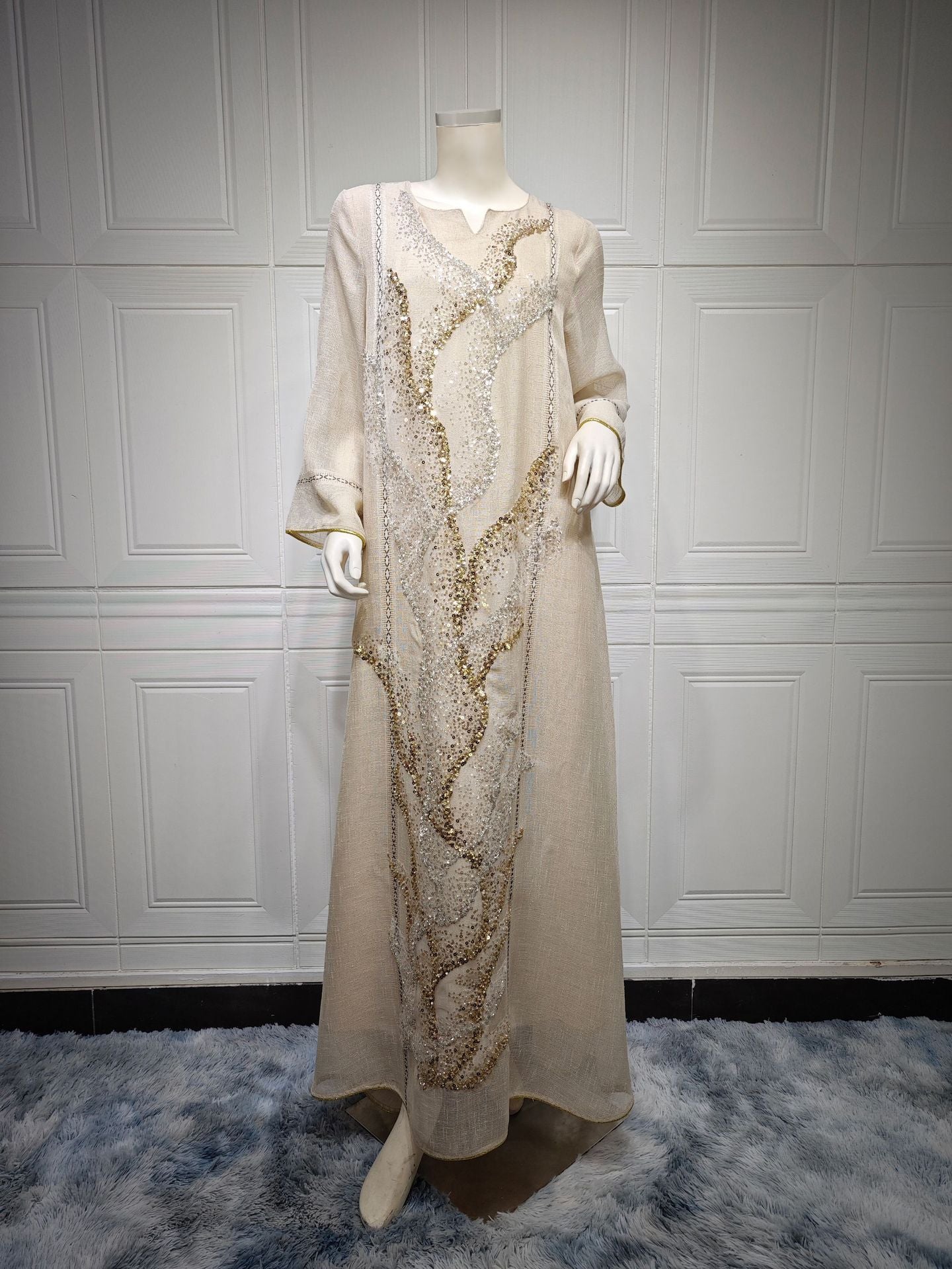 White Mesh Sequin Embroider Muslim Dress Saudi Clothing