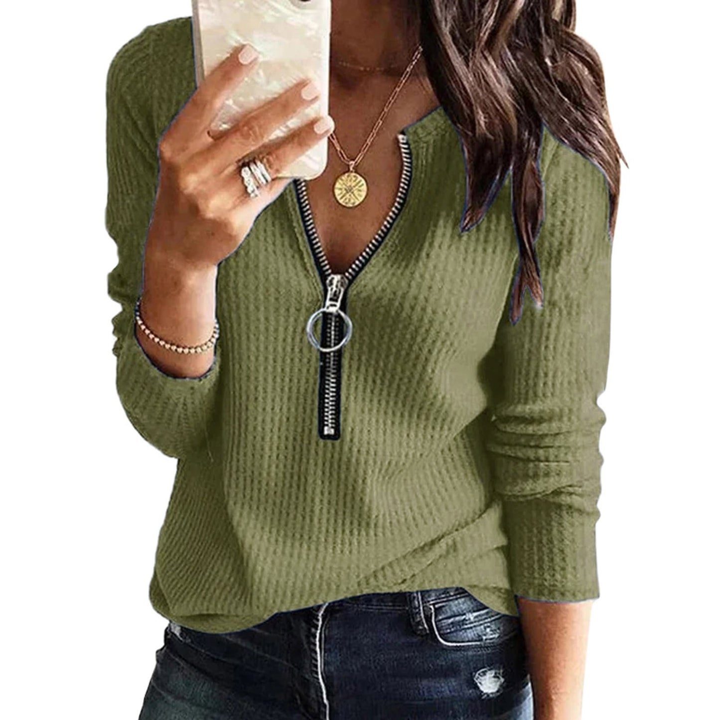 Women's Super Waffle Knitted Zipper Large T-shirt Blouses