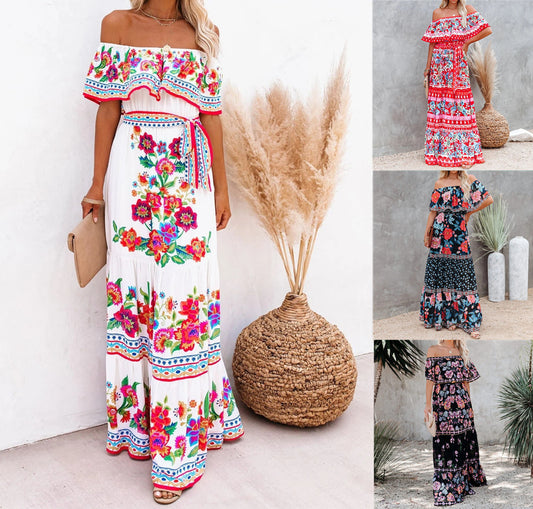 Summer Off-shoulder Printed Long Large Hem Dresses