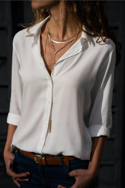 Women's Long-sleeved Deep V Button Chiffon Shirt Blouses