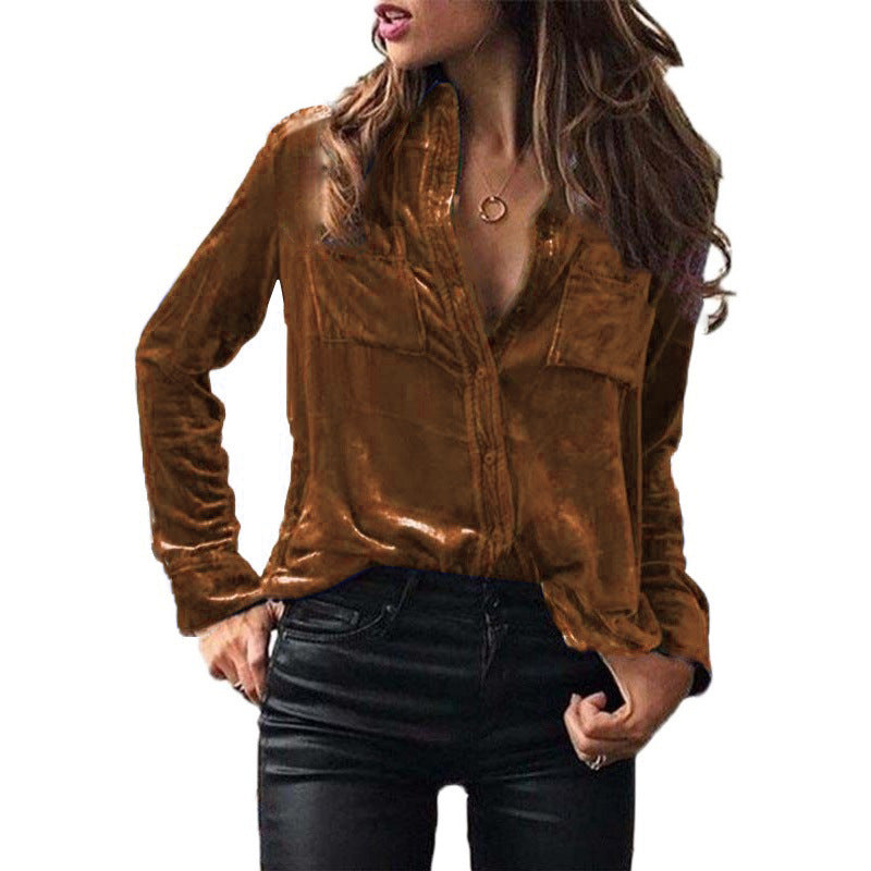 Women's Pocket Solid Color Temperament Long Sleeve Blouses