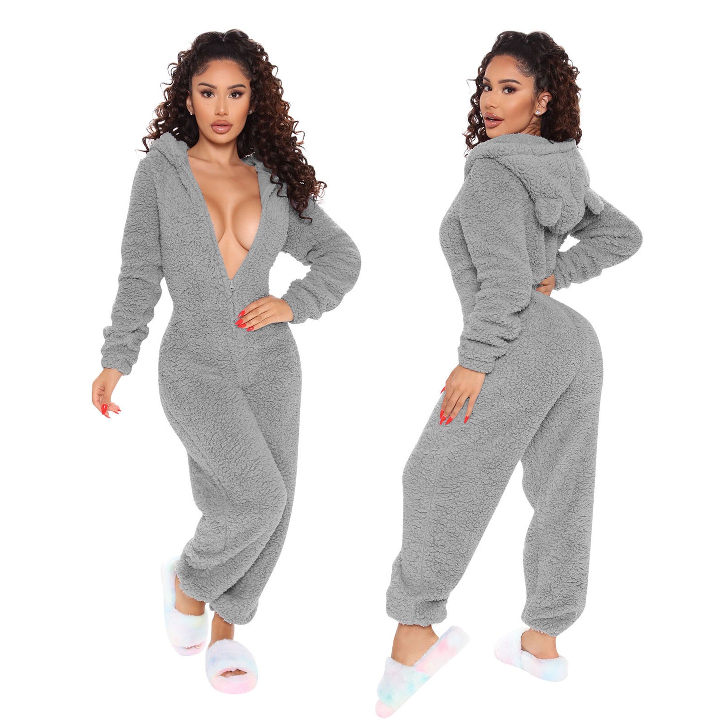 Sleeve Hooded Casual Trousers Plush Pajamas Jumpsuits