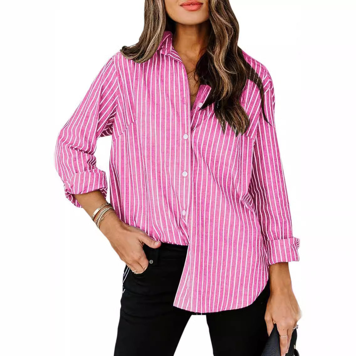 Women's Casual Striped Long-sleeved Button Shirt Blouses