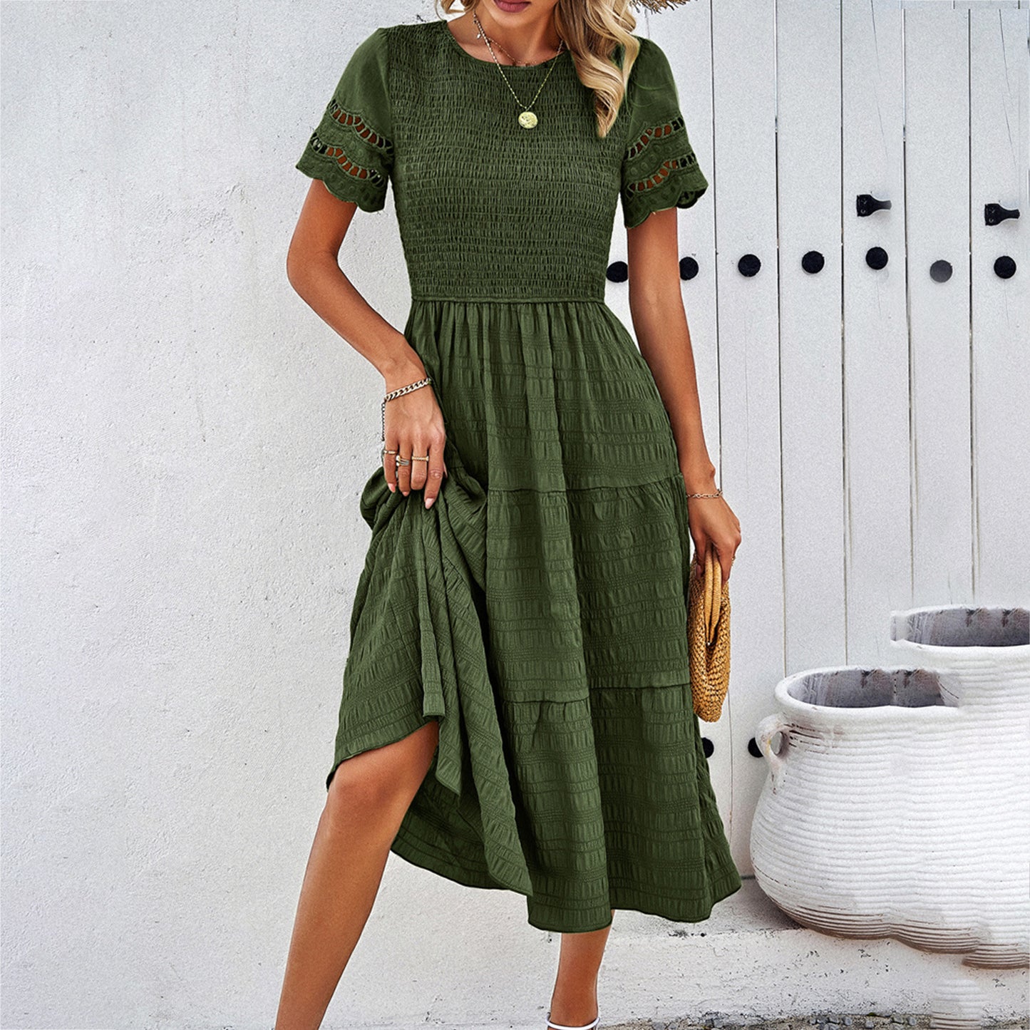 Women's Pure Color Temperament Smocking Hollow Dress Dresses