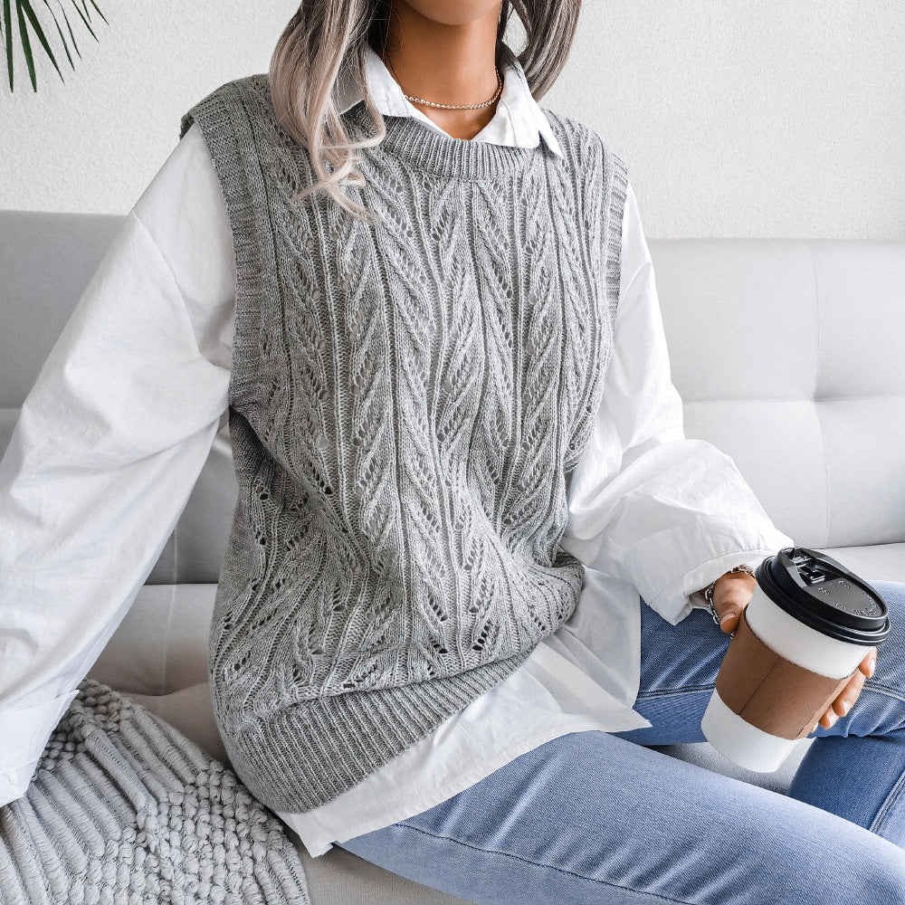 Women's Round Neck Hollow Leaves Casual Knitted Vests