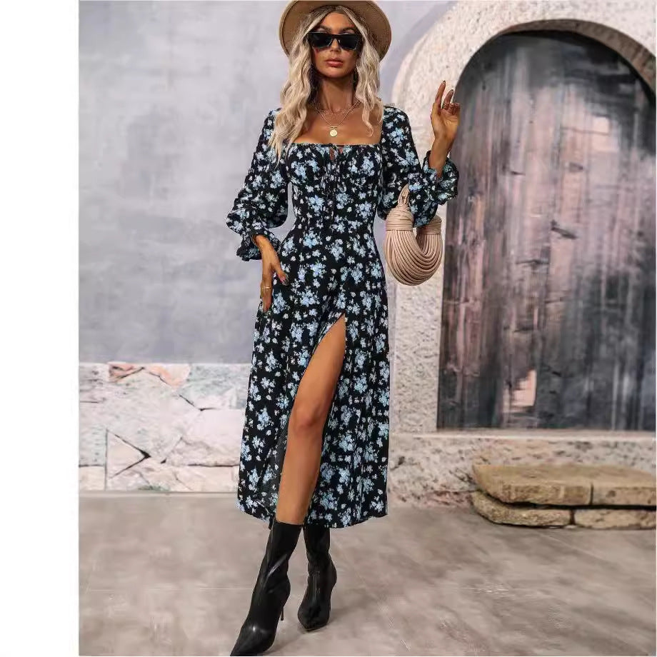 Women's Autumn Floral Slit Dress Girdle Elegant Dresses