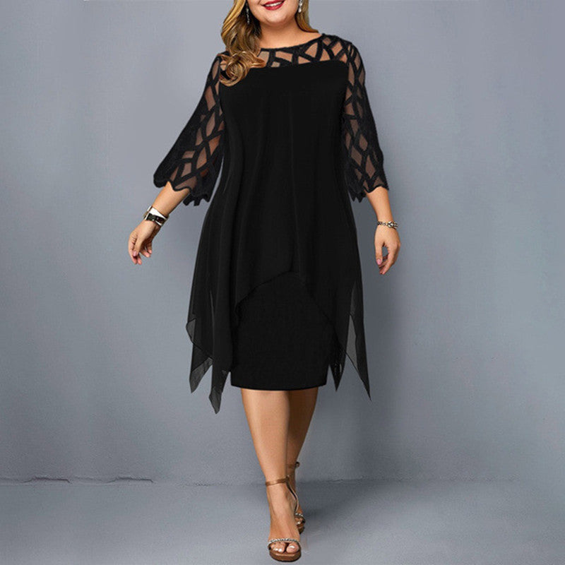 Women's Large Fashion Lace Stitching 3/4 Sleeve Irregular Hem Chiffon Dresses