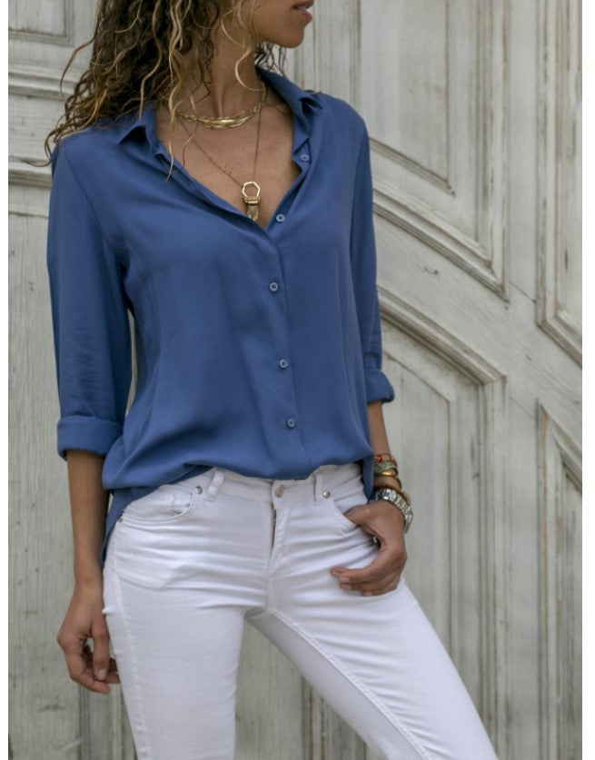 Women's Long-sleeved Deep V Button Chiffon Shirt Blouses